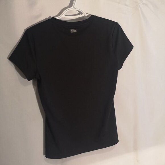 Fila Ladies Size Medium Black V-neck Short Sleeve Fitted Athletic Top - Picture 2 of 4
